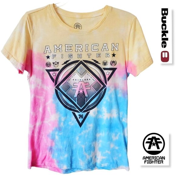 AMERICAN FIGHTER Oakridge Graphic Washed Tie Dye Pink Blue Yellow Tee TShirt S - Picture 1 of 9